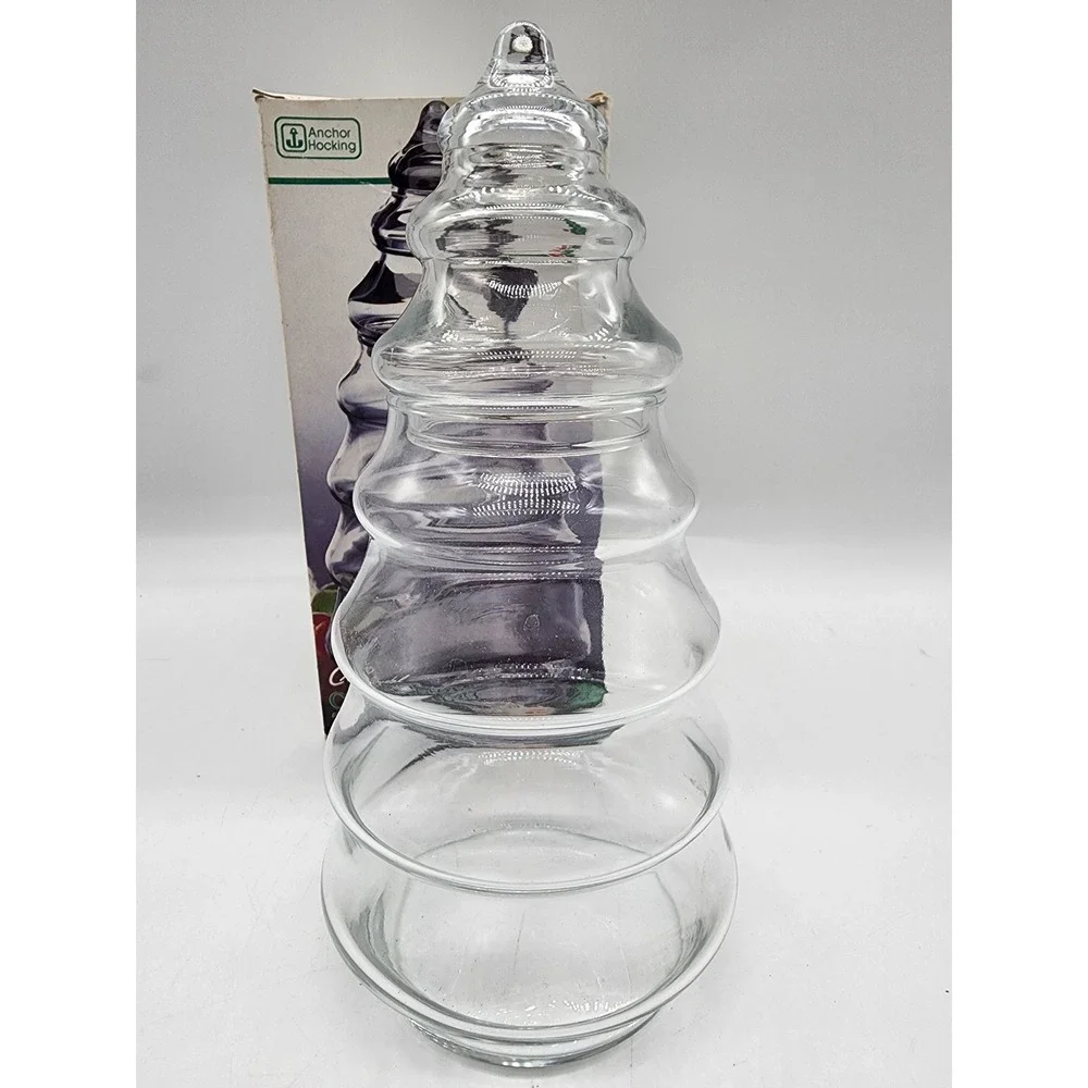Anchor Hocking Crystal Christmas Tree Glass Apothecary Candy Jar w/ Lid Vintage